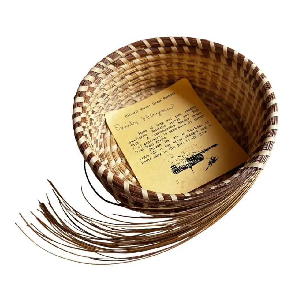 Hand woven basket Gullah style sweet Palmetto grass shallow decorative straw